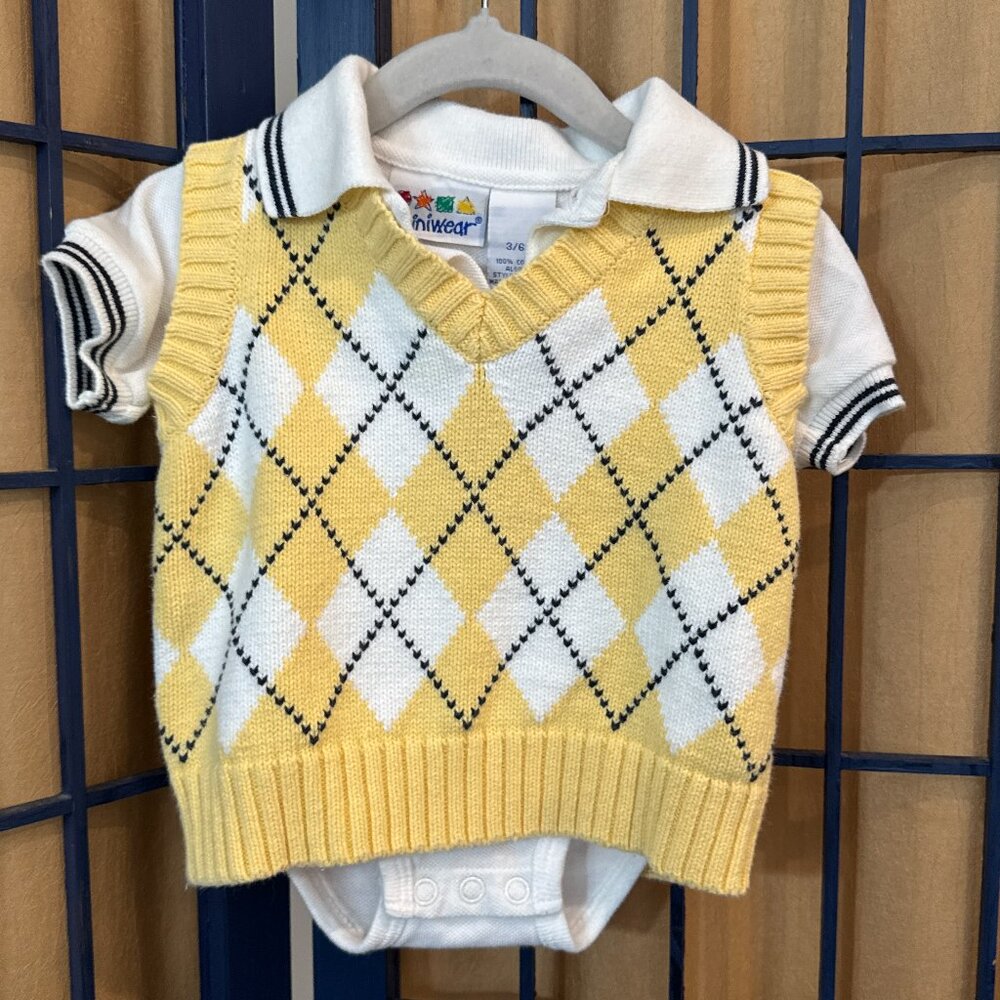 Miniwear Argyle Sweater Vest Onesie 3–6M Baby Boy Preppy Outfit - Picture 2 of 6